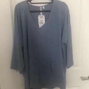 Blue ¾ Sleeve V-Neck Sweater with Front Pocket